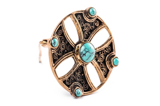 [Fb15-3] Schmuck Fibel Asur – Kreuzfibel mit Türkis 4 cm – Bronze – Wikinger Gewandfibel für historische Kleidung 