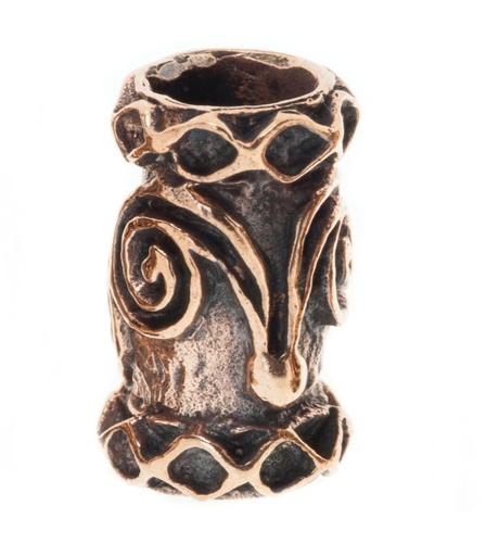 [apb10] Keltische Haar- & Bartperle DWALIN aus Bronze – 14 mm Schmuckperle mit Doppelspirale & Rautenmuster