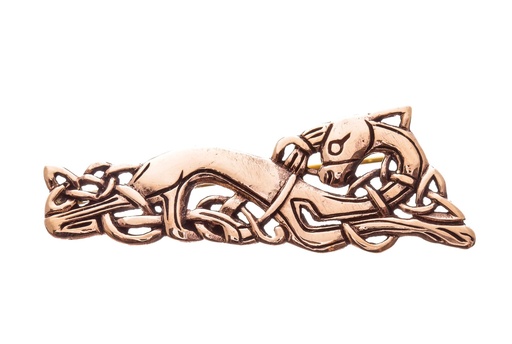 [fb59] Keltische Fibel Brosche "Krafttier" aus Bronze – Gewandschließe mit Hundemotiv 5,7 cm