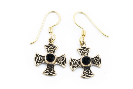 [ohb508] Ohrhänger Artain Keltisches Kreuz mit Onyx aus Bronze – Spiritueller Ohrschmuck 1,7 cm