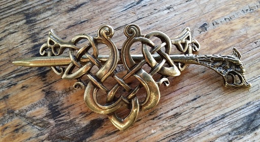 [17360] Haarspange Keltische Ranken – Messingfarbener Haarschmuck mit Drachenkopf-Nadel 70 mm