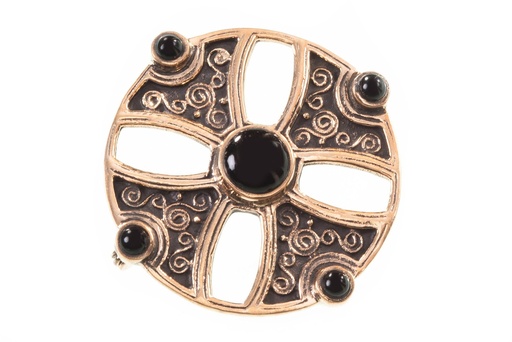 [fb15] Mittelalter Fibel Brosche "Kreuzfibel Onyx" aus Bronze – Rundfibel mit schwarzen Onyxsteinen 4 cm