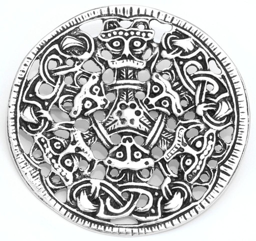 [br23] Wikinger Fibel „Hagal“ aus 925er Silber – Rundbrosche Ø 5 cm mit Tier- und Knotenmuster