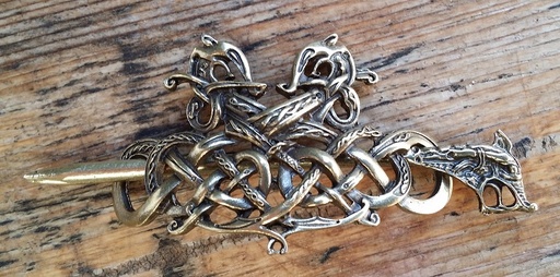 [A-677-2] Haarspange Keltische Schlangen – Messingfarbener Haarschmuck mit Drachenkopf-Nadel 70 mm