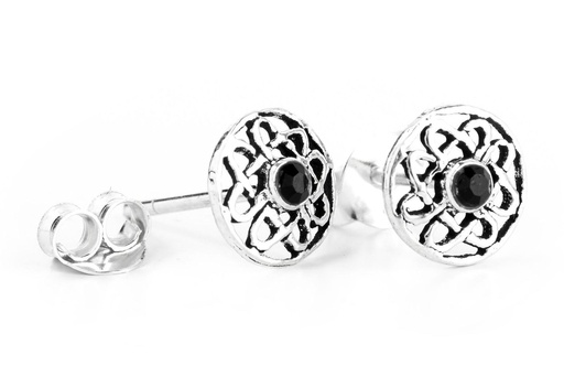 [ost66-2] Ohrstecker Blodeuwedd Lebensblume mit schwarzem Stein aus Silber 925 – Keltischer Ohrschmuck Ø 7 mm