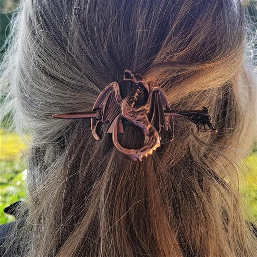 [A-679-4] Haarspange Wyvern Nordischer Drache – Kupferfarbener Haarschmuck mit Drachenkopf-Nadel 55 mm