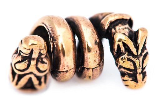 [amb533] Wikinger Perle "Fabeltier" aus Bronze – Bart- & Haarperle mit Tierköpfen 2 cm