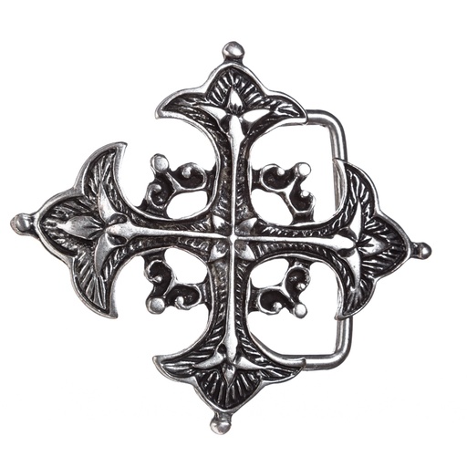 [B684-21] Schließe Artus Lilienkreuz – Altmessingfarbene Mittelalter-Schnalle 70 mm für 4 cm Riemen