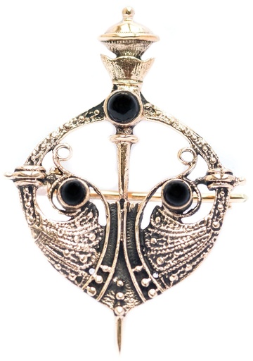 [fb45] Wikinger-Brosche „Arnora – Schwert & Onyx“ aus Bronze – Gewandschmuck 5,1 cm mit Edelstein 