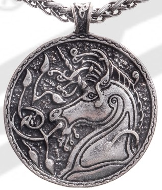 [P-5107-1] Keltisches Einhorn Anhänger silberfarben – Beidseitig verziertes Fantasy-Amulett aus Zamak