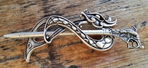 [A-671-1] Haarspange „Keltischer Drache“ silberfarben – ZAMAK-Haarschmuck mit Drachenkopf nach Haithabu-Fund