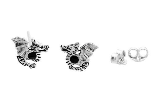 [ost33] Ohrstecker Nepomuk Drache mit Onyx aus 925 Silber – Mini Fantasy Ohrschmuck 1 cm