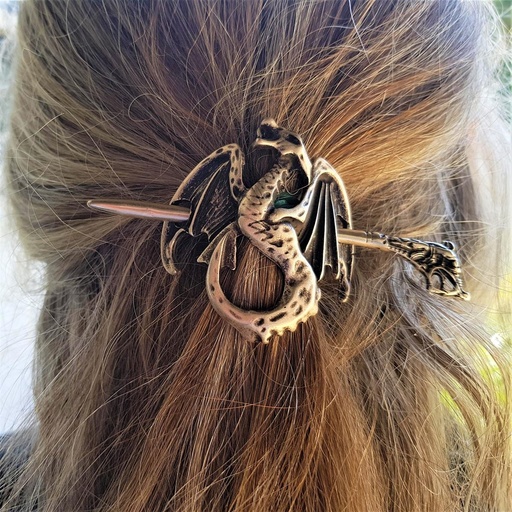 [A-679-2] Haarspange Wyvern Nordischer Drache – Messingfarbener Haarschmuck mit Drachenkopf-Nadel 55 mm