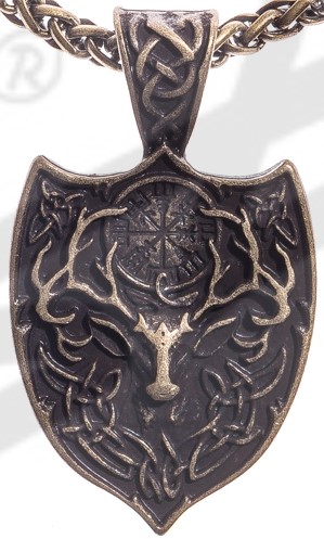 [P-5109-21] Altmessingfarbener Wikinger Anhänger – Hirschwappen mit VEGVISIR Symbol