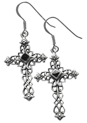 [oh100] Mittelalter Ohrhänger „Lucan – Onyxkreuz“ aus 925er Silber – Gotik-Schmuck 4,9 cm 