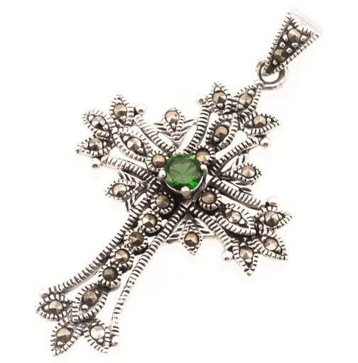 [Ak37-3] Schmuckstück  Mittelalter Kreuz Schmuck Anhänger ACANTHA 4.5 cm Gothic Grüner Kristall Silber 4.5 cm