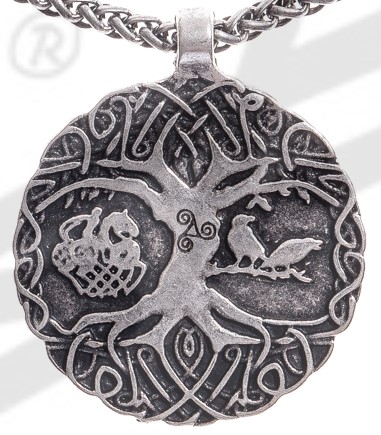 [33515] Anhänger Yggdrasil mit Hugin & Munin und Sleipnir – silberfarbener Weltenbaum aus Zamak 