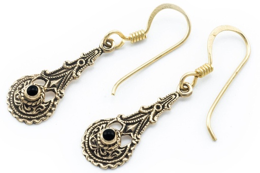 [ohb541] Ohrhänger Namina Round Onyx aus Bronze – Zarter Mittelalter Ohrschmuck mit Schutzstein 3,5 cm