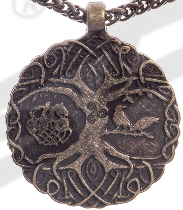 [P-5111-21] Anhänger Yggdrasil mit Hugin & Munin und Sleipnir – altmessingfarbener Weltenbaum aus Zamak