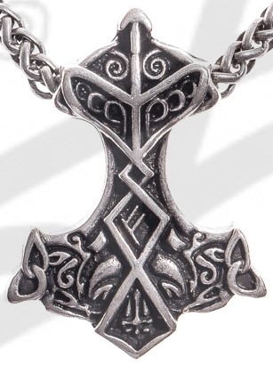 [P-5117-1] Thor-Hammer Anhänger silberfarben – Mjölnir mit Feoh-Rune und Ornamentik aus Zamak