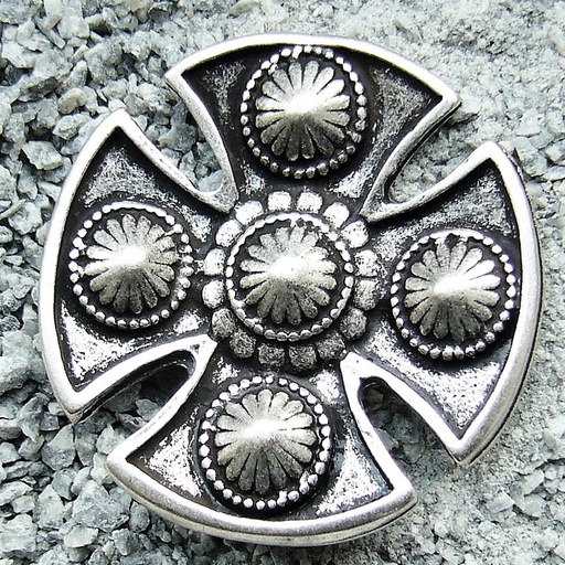 [33370] Wikinger Kreuz-Schild silberfarben – 50 mm Schildniete mit floraler Verzierung & 2 Nieten