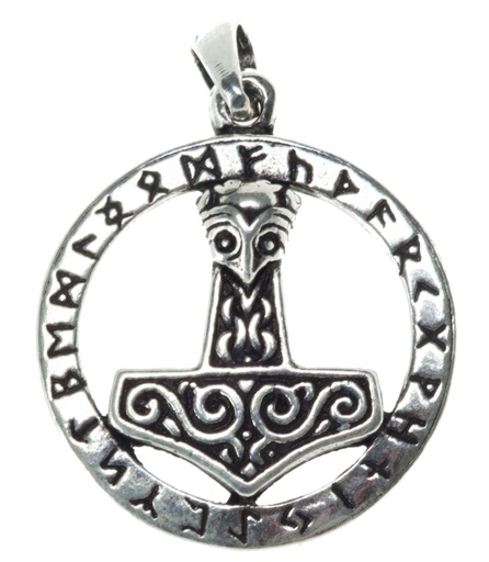 [at49] Anhänger Mjölnar Thors Hammer aus Silber 925 – Mjölnir mit Runen 2,6 cm Ø Wikinger Amulett