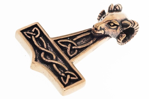 [atb4] Thorshammer Anhänger MJÖLNAR aus Bronze – Mjölnir mit Widderköpfen & Knotenmuster 4,5 cm