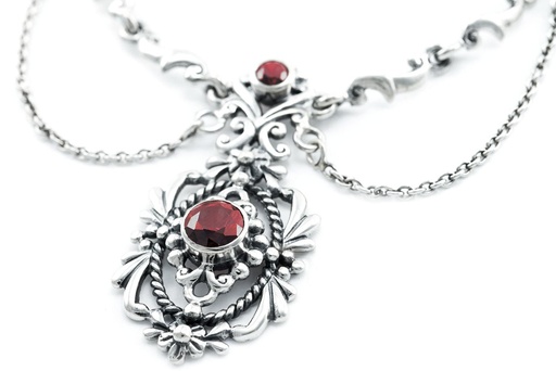 [hs3] Mittelalter Collier „Aris“ aus 925er Silber mit Granatsteinen – Gothic-Schmuck 45 cm
