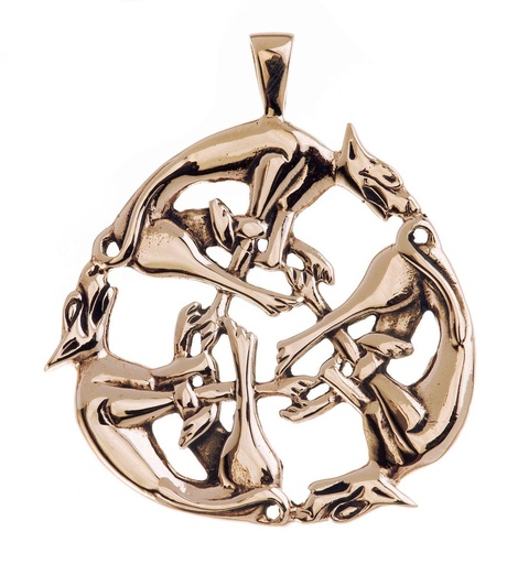 [acb505] Schmuck Anhänger Die Wilde Jagd 4,5 cm – Bronze – Keltisches Amulett mit drei jagenden Hunden für Schutz & Energie