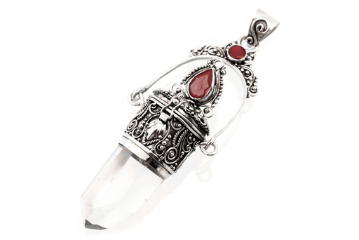 [As41-2] Schmuck Anhänger Sonola mit Bergkristall und Granat 8,5 cm – Silber 925 – Mystisches Medaillon für Schutz und Klarheit