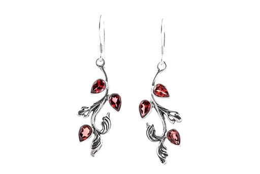 [Oh86-2] Schmuck Ohrhänger Elfenblätter mit Granatsteinen 4,6 cm – Silber 925 – Naturinspirierte Ohrringe mit Edelstein
