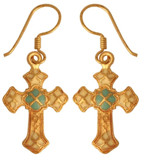 [ohb582-3] Mittelalter Ohrhänger „Iduna – Kreuz Türkis“ aus Bronze – Gothic-Schmuck 3,9 cm