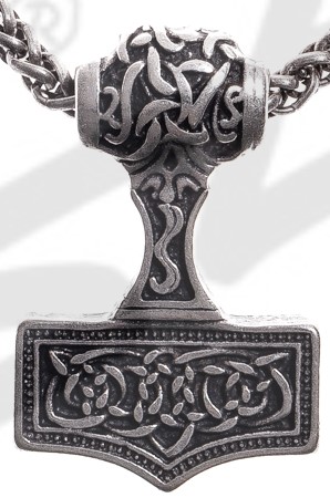 [P-5119-1] Thor-Hammer Anhänger silberfarben – Beidseitig verzierter Mjölnir mit Knotenmuster aus Zamak