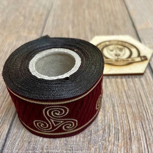 [B33002-5m-brdx] Borte "Triskele" bordeaux-gold 33 mm auf 5 m Rolle - Mittelalter & Larp