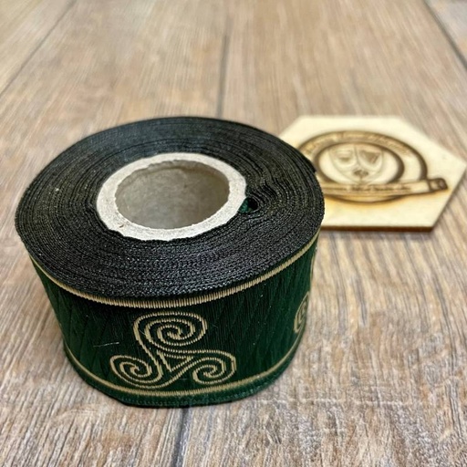 [B33002-5m-grasgrn] Borte "Triskele" grün-gold 33 mm auf 5 m Rolle - Mittelalter & Larp
