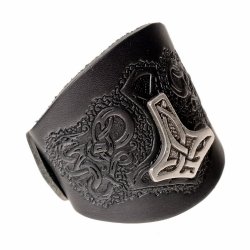 Wikinger-Armband aus Leder mit Thorshammer – Mjölnir-Beschlag in Braun oder Schwarz