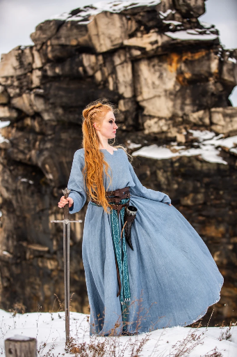 Wikinger Kleid 100% Leinen "Anna" Taubenblau