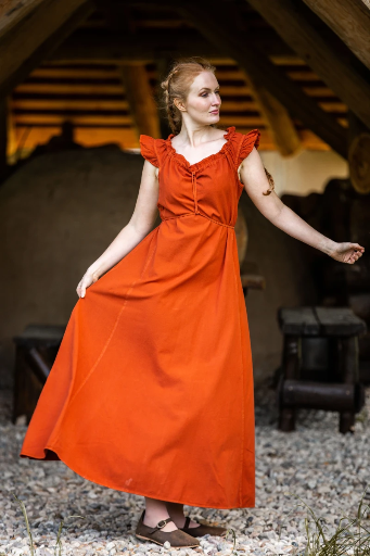 Bodenlanges Mittelalter Kleid Clara mit Schulterrüsche in Rost – Authentische Damen Gewandung