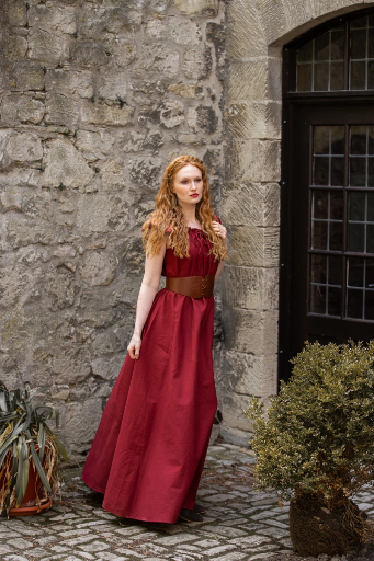Bodenlanges Mittelalter Kleid Clara mit Schulterrüsche in Rot – Authentische Damen Gewandung