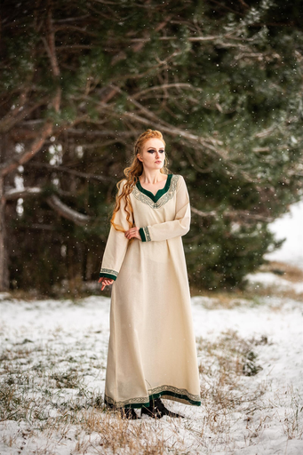Wikingerkleid bestickt  "Lagertha" Natur/Grün - Frühmittelalterliches Gewand Wikinger Kelten 