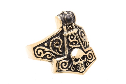 [rb649] Wikinger-Ring "Thorunn" mit Mjölnir & Totenkopf aus Bronze – Kraftvoller Thorshammer-Ring mit Onyx 2,2 cm