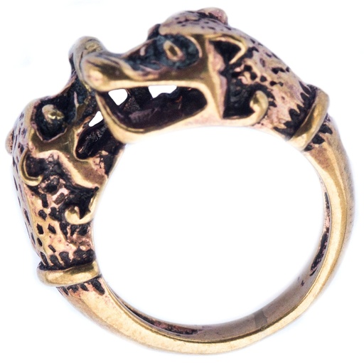 [rb297] Wikinger-Ring ODINS WÖLFE aus Bronze – 12 mm Wolfsköpfe Geri & Freki als kraftvolles Symbol