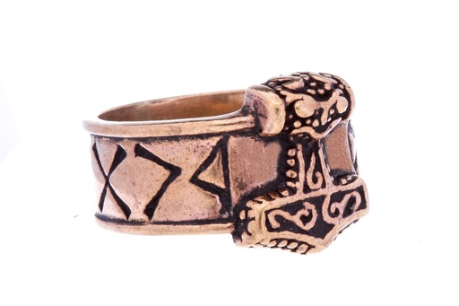 [rb553] Wikinger Ring THORN aus Bronze – 13 mm Thorshammer-Ring mit Runen, inspiriert vom Schonen-Hammer