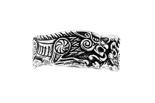 [r450] Wikinger-Ring RAVING aus 925 Silber – 10 mm Bandring mit Odins Wölfen Geri & Freki