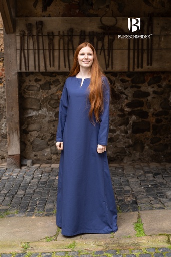 Knöchellanges Unterkleid Feme dunkelblau - Mittelalter Baumwolle mit Zierstichen & geschlitztem Ausschnitt